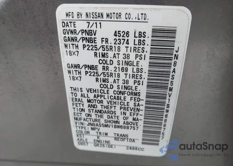 2011 Nissan Rogue Sv z USA, uszkodzony, nr VIN JN8AS5MV1BW688757